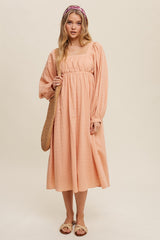 Peach Criss Cross Front Square Neck Long Sleeve Midi Dress