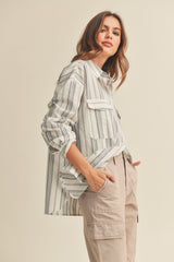 Ivory Striped Front Pocket Button Up Top