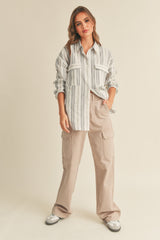 Ivory Striped Front Pocket Button Up Top