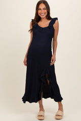 Navy Textured Sleeveless Ruffle Slit Maternity Maxi Dress