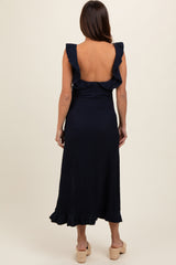 Navy Textured Sleeveless Ruffle Slit Maternity Maxi Dress