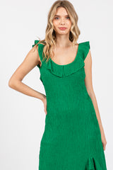 Green Textured Sleeveless Ruffle Slit Maxi Dress