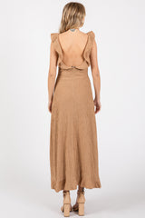 Mocha Textured Sleeveless Ruffle Slit Maxi Dress