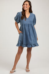 Blue Chambray Puff Sleeve Maternity Dress