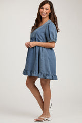 Blue Chambray Puff Sleeve Maternity Dress