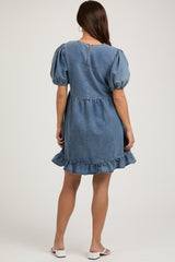 Blue Chambray Puff Sleeve Maternity Dress