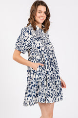 Navy Printed Collared Tiered Dress