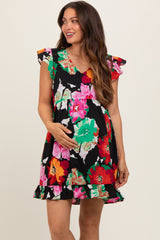 Black Floral Ruffle Shoulder Maternity Dress