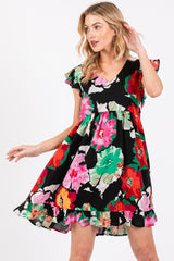 Black Floral Ruffle Shoulder Maternity Dress