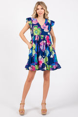 Navy Blue Floral Ruffle Shoulder Maternity Dress