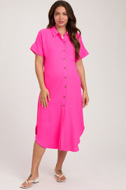 Fuchsia Button Down Front Pocket Maternity Midi Dress