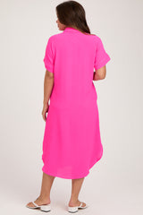 Fuchsia Button Down Front Pocket Maternity Midi Dress