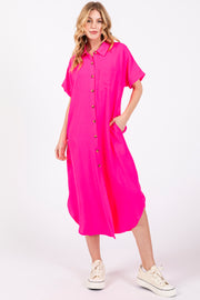 Fuchsia Button Down Front Pocket Midi Dress