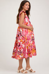 Coral Floral Flutter Sleeve Tiered Maternity Midi Dress