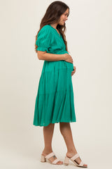 Emerald Green Ruffle Trim Tiered Maternity Dress