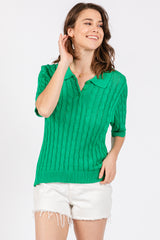 Green Knit Button Collared Top