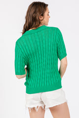 Green Knit Button Collared Top