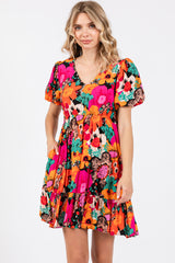 Multi-Color Floral Puff Sleeve Ruffle Hem Dress