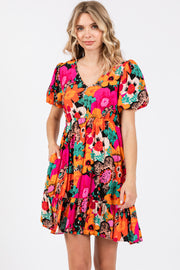 Multi-Color Floral Puff Sleeve Ruffle Hem Dress