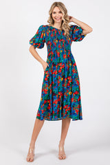 Blue Multi-Color Floral Smocked Puff Sleeve Dress