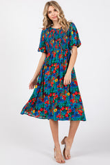 Blue Multi-Color Floral Smocked Puff Sleeve Maternity Dress