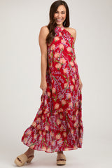 Red Floral Halter Maternity Maxi Dress