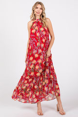 Red Floral Halter Maternity Maxi Dress