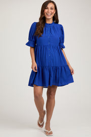 Royal Blue Buttoned Down Short Sleeve Maternity Dress