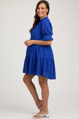 Royal Blue Buttoned Down Short Sleeve Maternity Dress