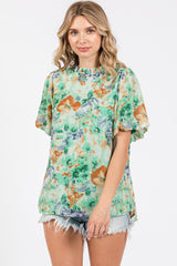 Green Floral Puff Sleeve Blouse