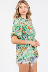 Green Floral Puff Sleeve Blouse