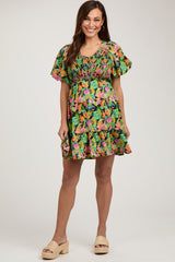 Green Multi-Color Tropical Print Ruffle Hem Maternity Dress