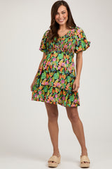 Green Multi-Color Tropical Print Ruffle Hem Maternity Dress