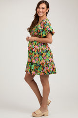 Green Multi-Color Tropical Print Ruffle Hem Maternity Dress