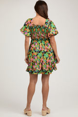 Green Multi-Color Tropical Print Ruffle Hem Maternity Dress