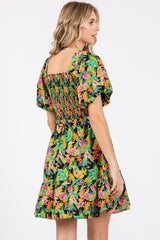 Green Multi-Color Tropical Print Ruffle Hem Dress