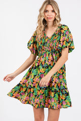 Green Multi-Color Tropical Print Ruffle Hem Dress