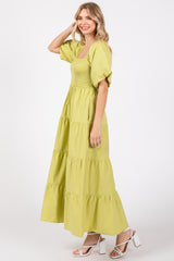 Light Olive Smocked Square Neck Puff Sleeve Tiered Maxi Dress