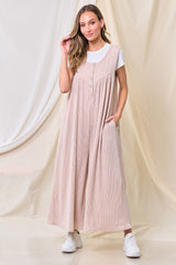 Beige Ribbed Sleeveless Button Front Maternity Jumpsuit