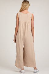 Beige Ribbed Sleeveless Button Front Maternity Jumpsuit