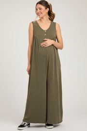 Olive Ribbed Sleeveless Button Front Maternity Jumpsuit