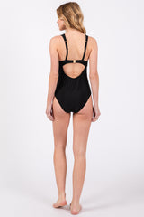 Black Mesh Detail Ruched One Piece Swimsuit