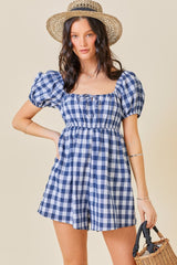 Navy Blue Gingham Cutout Romper