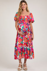 Red Floral Square Neck Smocked Tiered Maternity Midi Dress