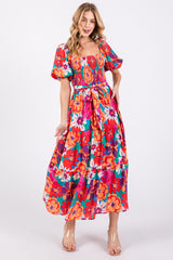 Red Floral Square Neck Smocked Tiered Maternity Midi Dress