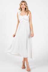 White Ruffle Accent Shoulder Tie Midi Dress