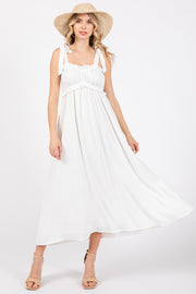 White Ruffle Accent Shoulder Tie Midi Dress