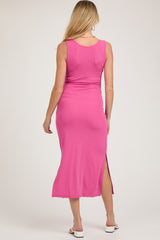 Pink Sleeveless Double Slit Maternity Midi Dress