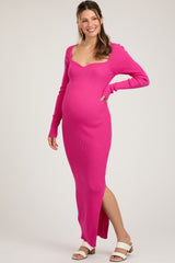 Fuchsia Rib Knit Long Sleeve Maternity Maxi Dress