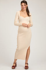 Cream Rib Knit Long Sleeve Maternity Maxi Dress